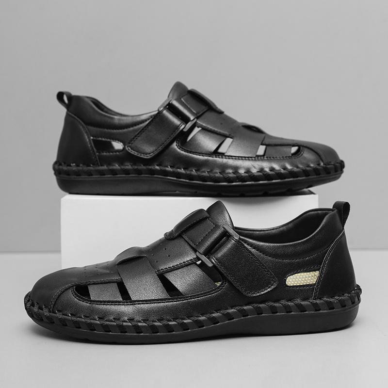 Fashion Hand-stitching Summer Sandals Genuine Leather Mens Casual Shoes Outdoor Non-slip Sandals  Hollow Male Beach Footwear Roman Shoes
