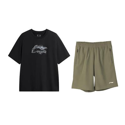 T-shirt à manches courtes et col rond à imprimé logo et lettres Li Ning, mode ample et polyvalent, short, ensemble de sport décontracté, ensembles unisexes AHSVD57-1+AKSV841-1