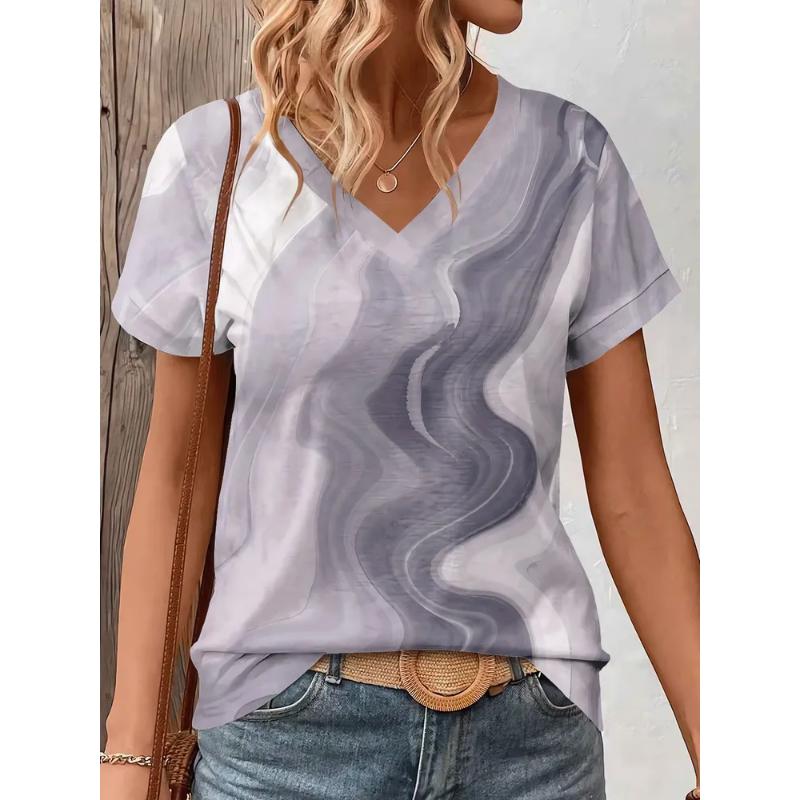 Fashion Women's V-Neck Short Sleeve 3D Casual Color Printing Casual Short Sleeve V-Neck T-Shirt