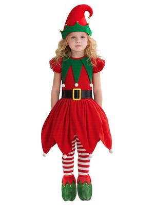 Girls' Christmas Elf Costume - Red Holiday Party Outfit for Performance and Cosplay
