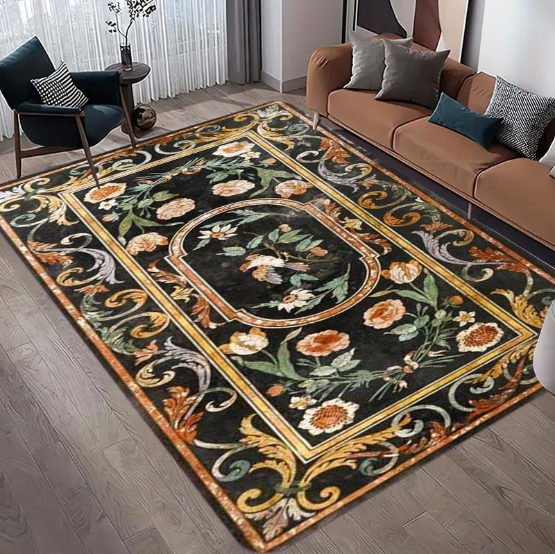 

French Luxury Vintage Bird Flower Rectangular Rug, Black Gold Ornate Botanical Print Carpet, Non-Slip Bedroom Floor Mat Carpet 50cm x 80cm