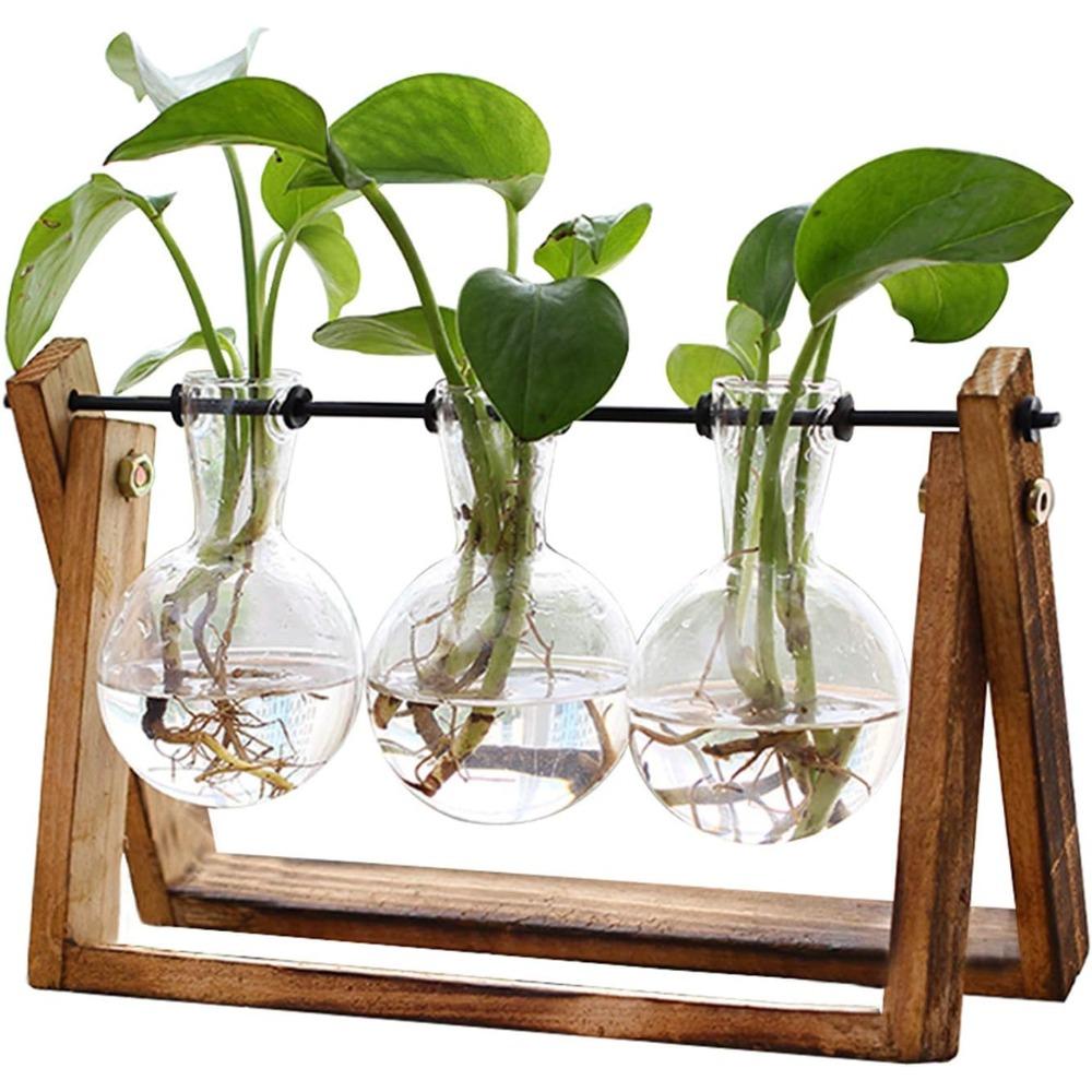Plant Terrarium with Wooden Stand Air Planter Bulb Glass Vase Metal Swivel Holder Retro Tabletop 3 Bulb Vase 1pc