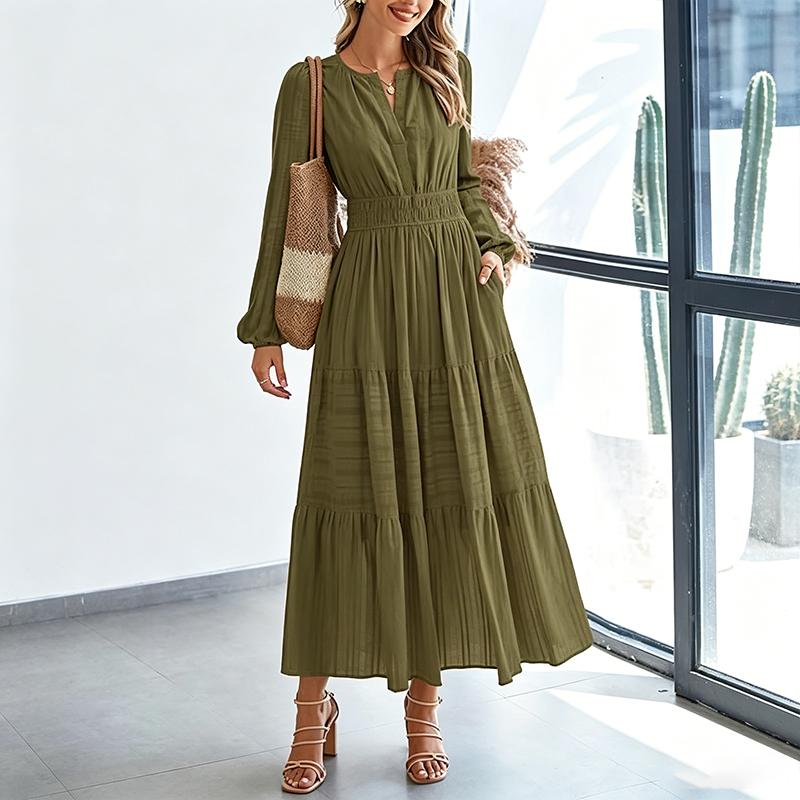 Abito Lungo da Donna con Scollo a V, Manica Lunga, a Strati, Vita Arricciata, Orlo a Volant, Abito Casual per Primavera ed Estate