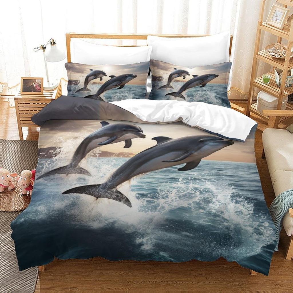 Comforter Dolphin Cute Jumping Dolphins Bedding Set Microfiber Marine Animals Comforter With 2 Pillow Sham Twin King