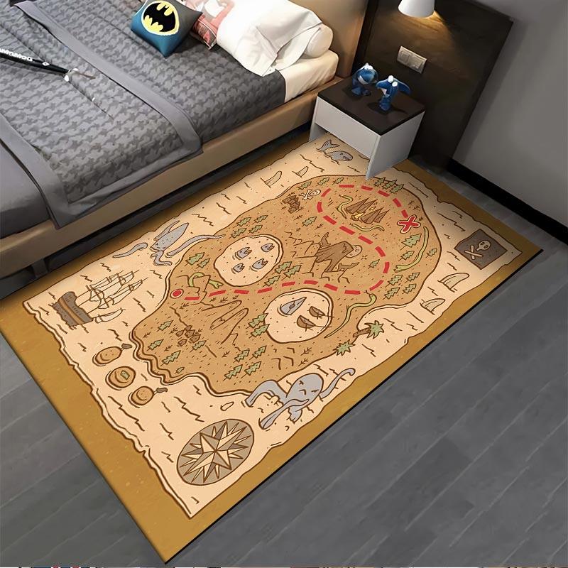 Antique Treasure Map-Inspired Carpet with Pirate Symbols for Kids Room Suitable for use as an anti-slip for living room bedroom sofas