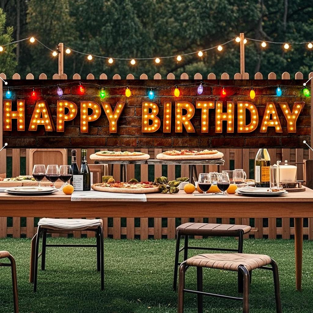 Nuxovilar Happy Birthday Yard Banner - 78.7x17.7 Inch Brick Wall with Colorful String Lights,Happy Birthday Yard Design, Outdoor/Indoor Giant