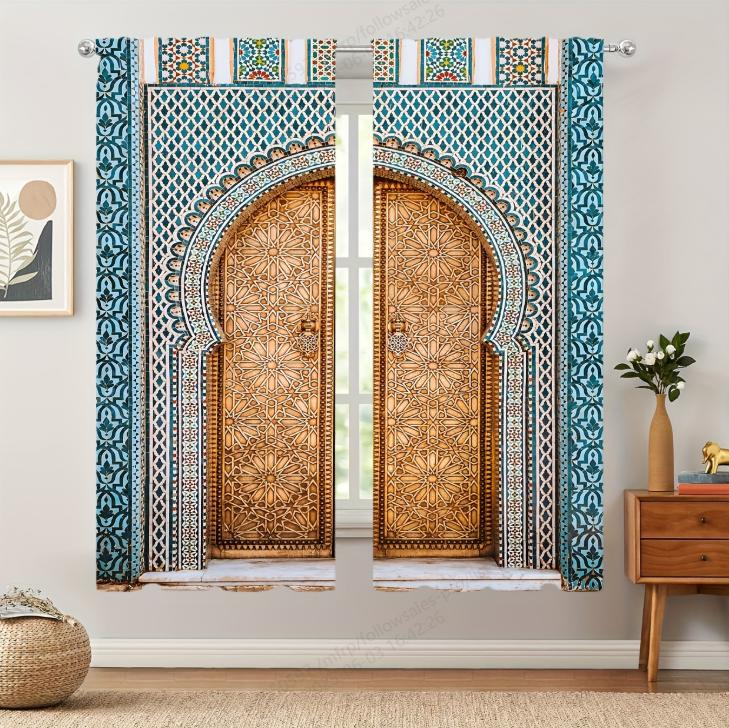 2pcs  Exotic Moroccan Pattern Curtains   Artistic Design Light - Filtering Polyester Curtains for Home Windows