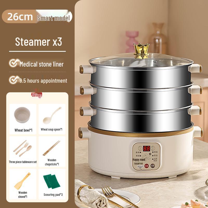 Wielofunkcyjny parowar elektryczny: Stal nierdzewna, Trójwarstwowy, Minutnik, do gotowania na parze, gotowania i duszenia