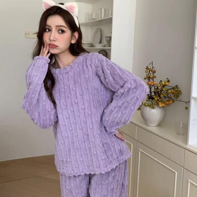 Women's Cute Cartoon Round Neck Flannel Pajamas - Warm Striped Coral Fleece Homewear Set for Autumn and Winter
