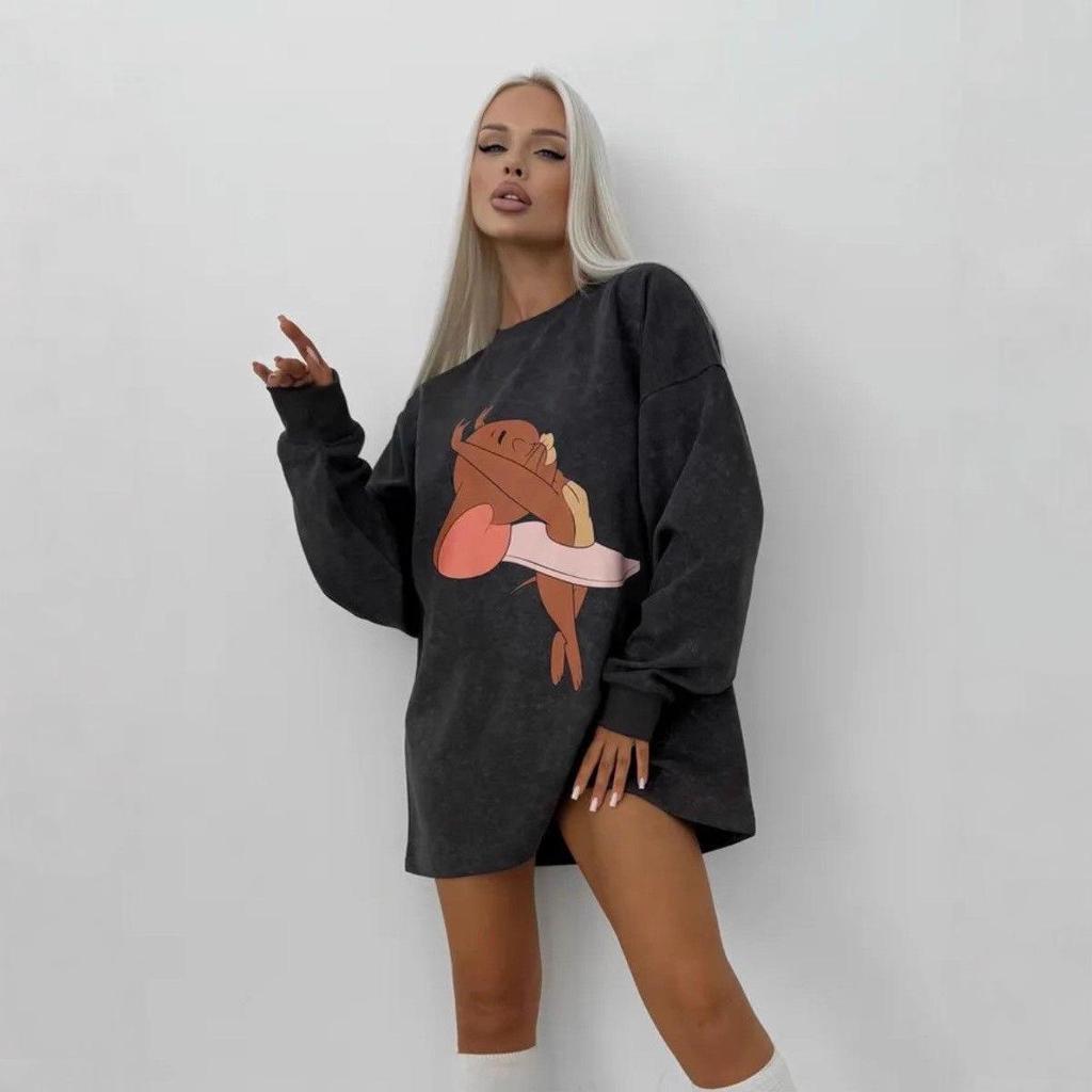 Vintage Print Washed Black Loose-Fit Cotton Long-Sleeve T-Shirt for Women