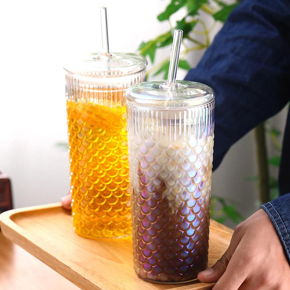 720ml New Corrugated Glass Cup With Lid and Straw Transparent Glasses Mug Iced Coffee Cup For Juice Milk Tea Water Cup Drinkware