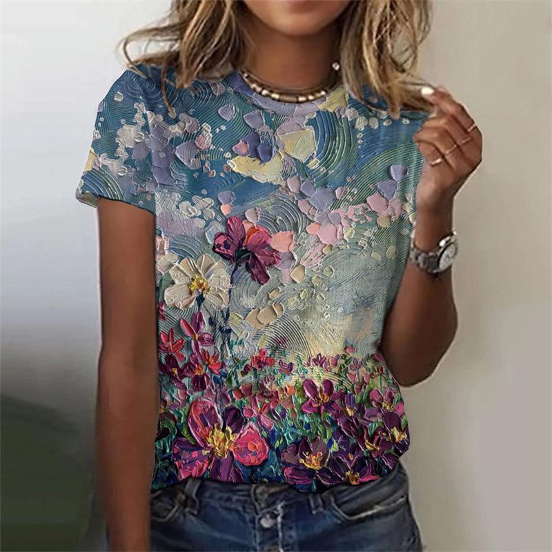 Plant Printed Harajuku 3D Summer Top Women's Colorful Floral Short Sleeved T-shirt