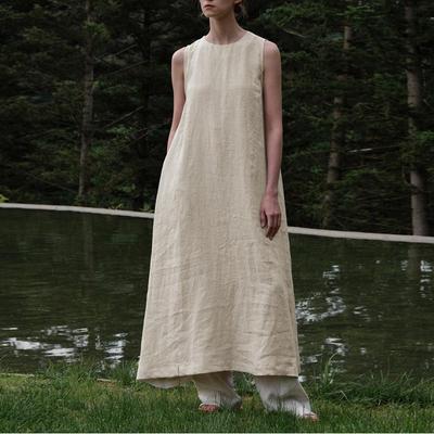 Damen Kleid aus Baumwollleinen, rückenfrei, ärmellos, Sommer, locker, einfarbig, Taschen, japanische einfache Kleider