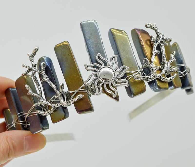 Natural Crystal Silver Tree Branch Sun Wiccan Halloween Crown Headband for Brides