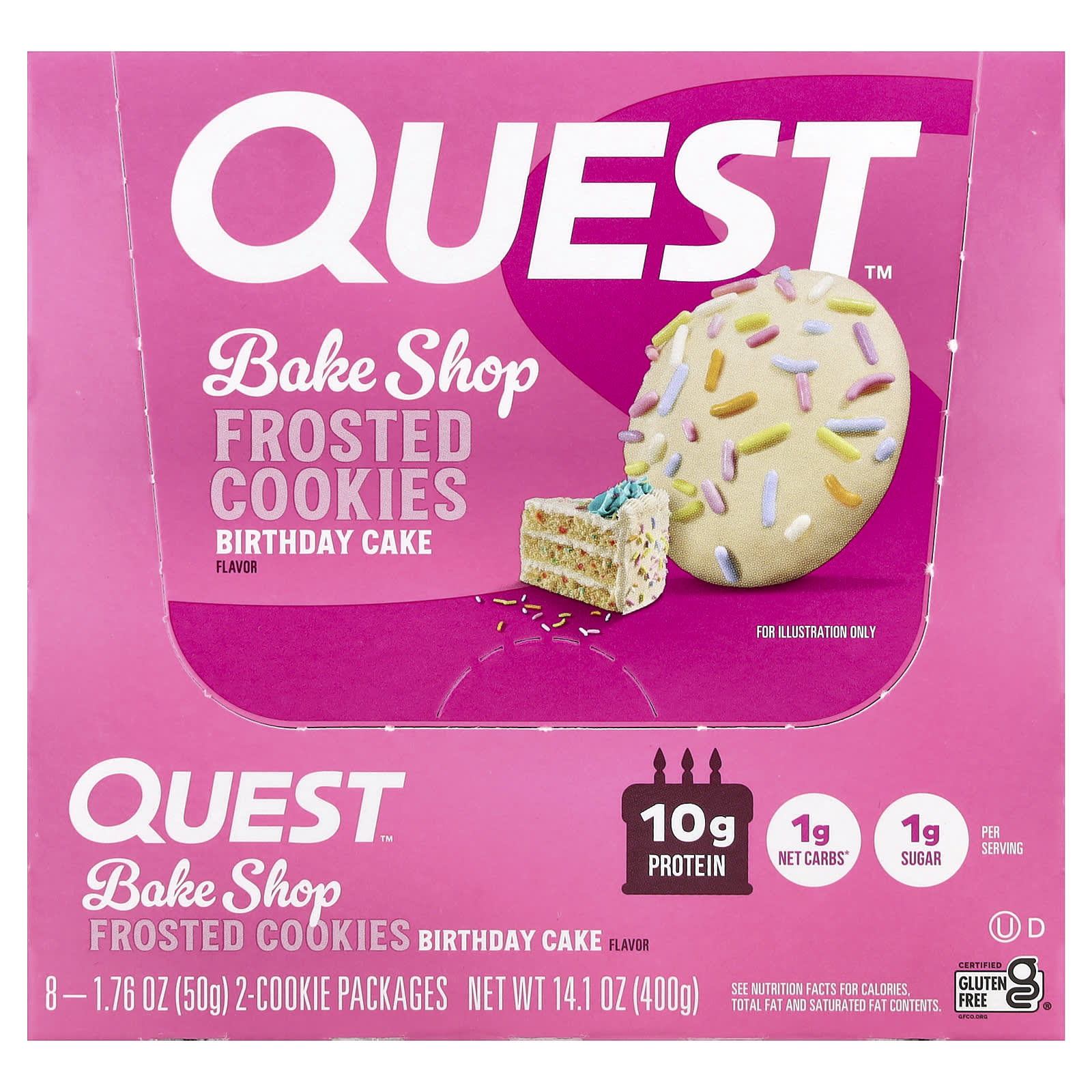 

Quest Nutrition, Bake Shop Frosted Cookies, Birthday Cake, 8 Pack, 50g (1.76oz) Each
