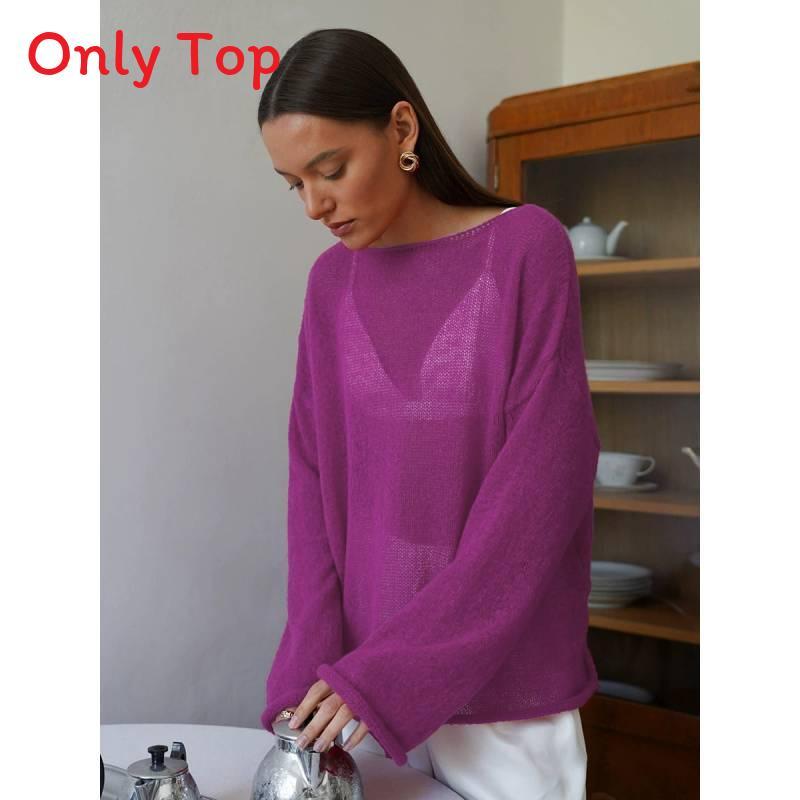 Polyester Knit Sweater With Openwork Lace Design Bell Sleeve Round Neck Summer Layering Top