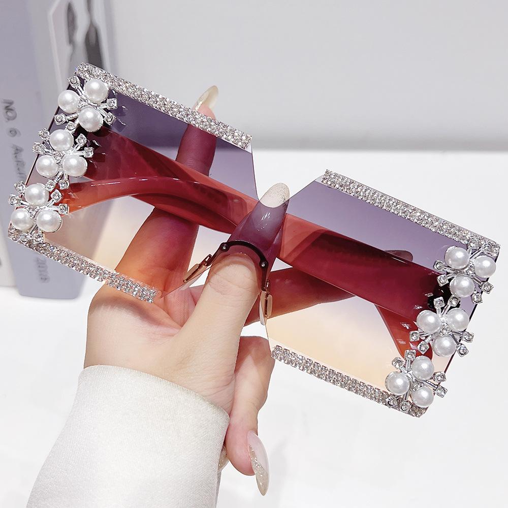Glamorous Rhinestone Pearl Rimless Sunglasses Uv400 Protective Gradient Square Shades For Women Streetwear Fashion Accessories