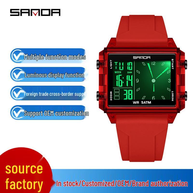 Sanda Transparent Electronic Square Watch with Large Dial for Students - Multifunctional Countdown Sports Wristwatch