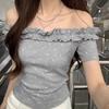 Summer New Style Pure Desire Design Ruffled Polka Dot Short-Sleeve T-Shirt for Women, Off-Shoulder Niche Slim-Fit Flattering Top
