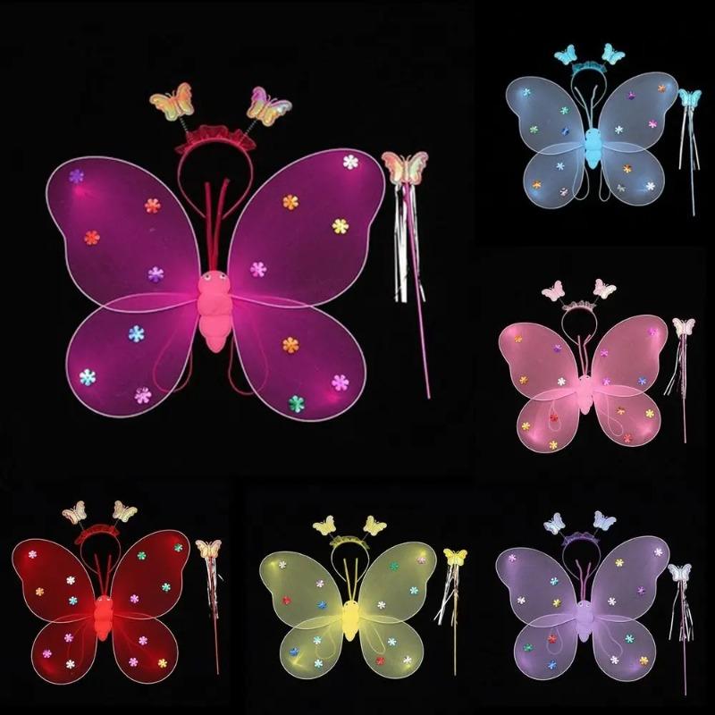 3Pcs/Set Kids Glitter Butterfly Headband Wings Wand Photography Outfit Children Fairy Tale Props