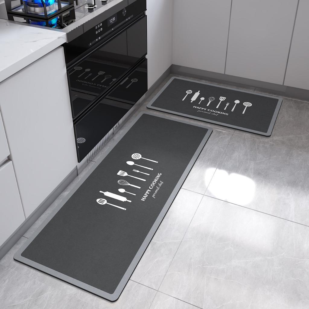 Japanese Style Kitchen Mat  Happy Cooking Kitchen Utensil Print Non Slip Waterproof Oilproof Kitchen Floor Rug Easy To Clean