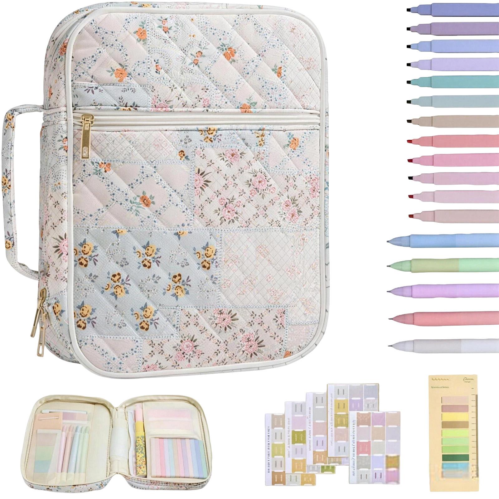 

Quilted Floral Pattern Stationery Organizer Set with Zippered Case Assorted Pens Sticky Notes and Highlighters for Office School Travel One Size