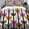 Cartoon Bow Bedding Set Cute Hand Drawn Ribbon, Heart Star Print Duvet Cover Pillow Black Stripe Background Bed Linen For Kids