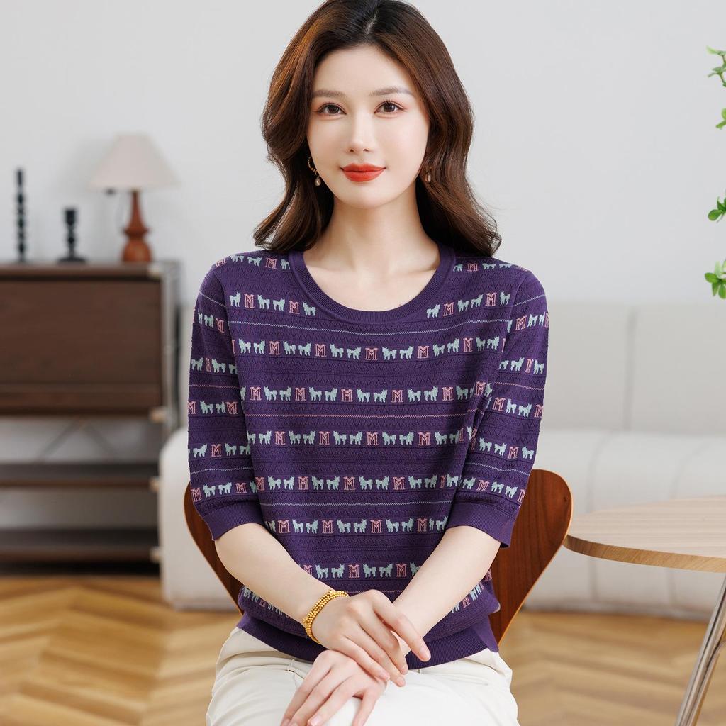 Seven-Sleeve Slimming Pullover for Middle-Aged and Elderly Mothers – Lightweight Knit Top for Spring and Summer