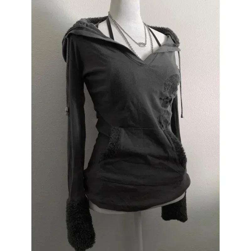 Amerikanische Retro Y2K Subkultur Grau Langarm T-Shirt Original Old Style Hoodie Ins High Street Slim Damen Top Herbstmode