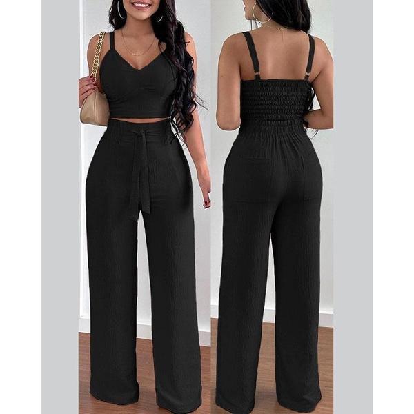 Women Print Set Fashion Suspender Short Top and High Waisted Wide Leg Pants 2-piece Set Casual Elegant Set