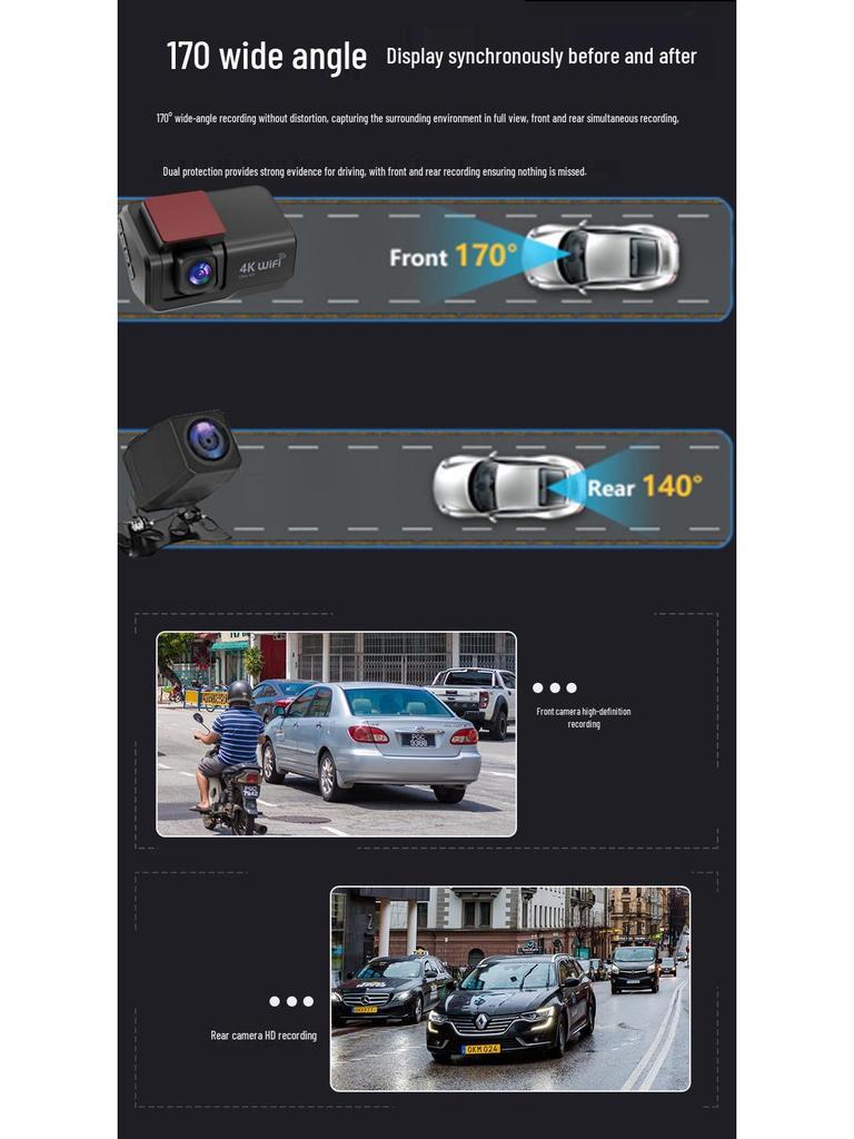 4K Dual Cam: Front & Rear Recording Dash Cam with Reversing Image, Driving Track, HD, 3" WiFi Screen
