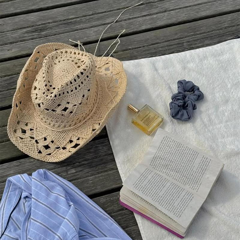 Spring Summer New Hollowed Out Denim Hat Hand Woven Straw Hat Breathable Cool Upturned Edge Top Hat For Women Camping Vacation