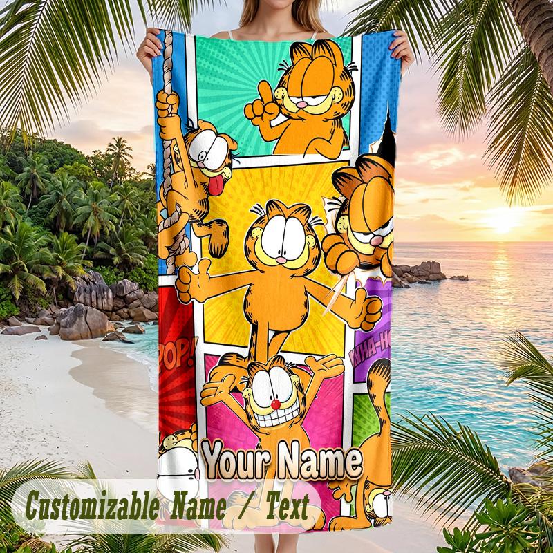 Garfield Beach Towel, Personalized Custom Text, Quick Dry Soft Large Towel For Swimming Pool Travel