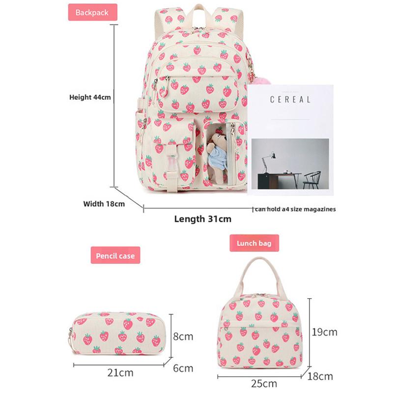 Set de 3 pièces Sac à dos d'école en velours côtelé avec sac à lunch trousse à crayons Sac d'école mignon pour fille Sac à livres Fraise Sac à dos pour adolescents Femmes
