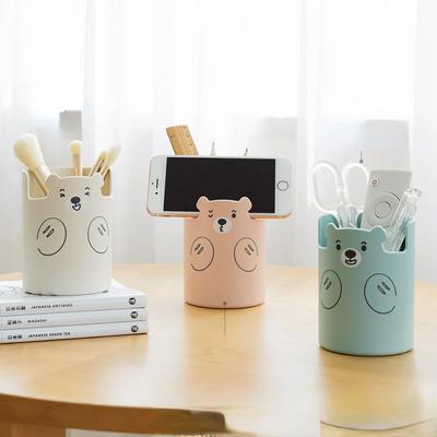 Kawaii Bear Pen Pencil Pot Holder Brush Storage Container Organizador de mesa Suporte multifuncional para telefone Artigos de papelaria Material de escritório