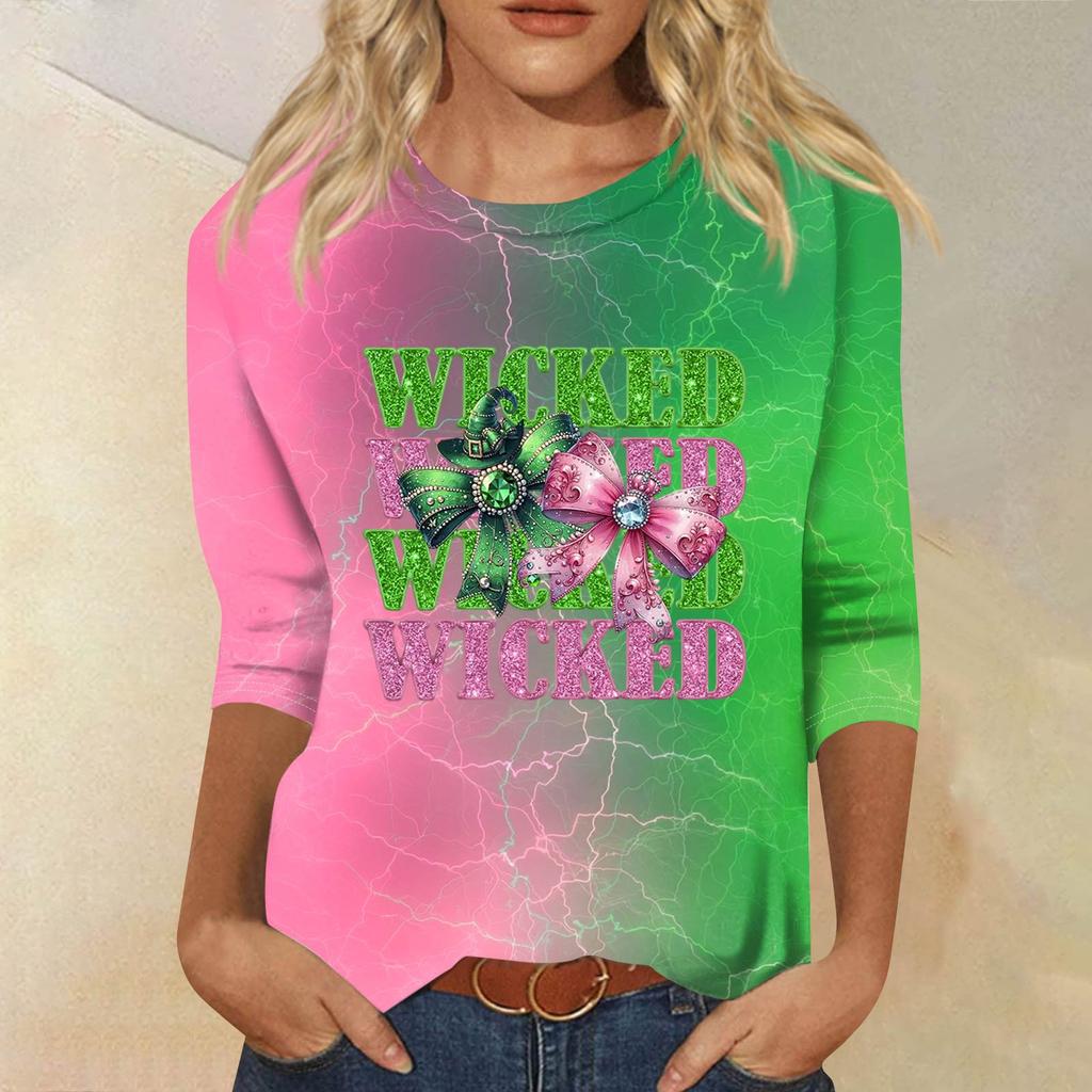 Women's Fashionable Casual Three-Quarter Sleeve Printed Round Neck Top