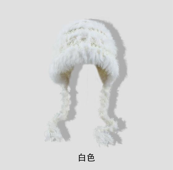 Rear split plush hat Women's winter warm wool hat Simple casual versatile face little rabbit hair knitted hat
