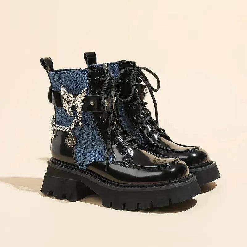 Women Metal Platform Middle Tube New Dark Punk Increased Lace-up Female Lace Up Girl Motorcycle Boots