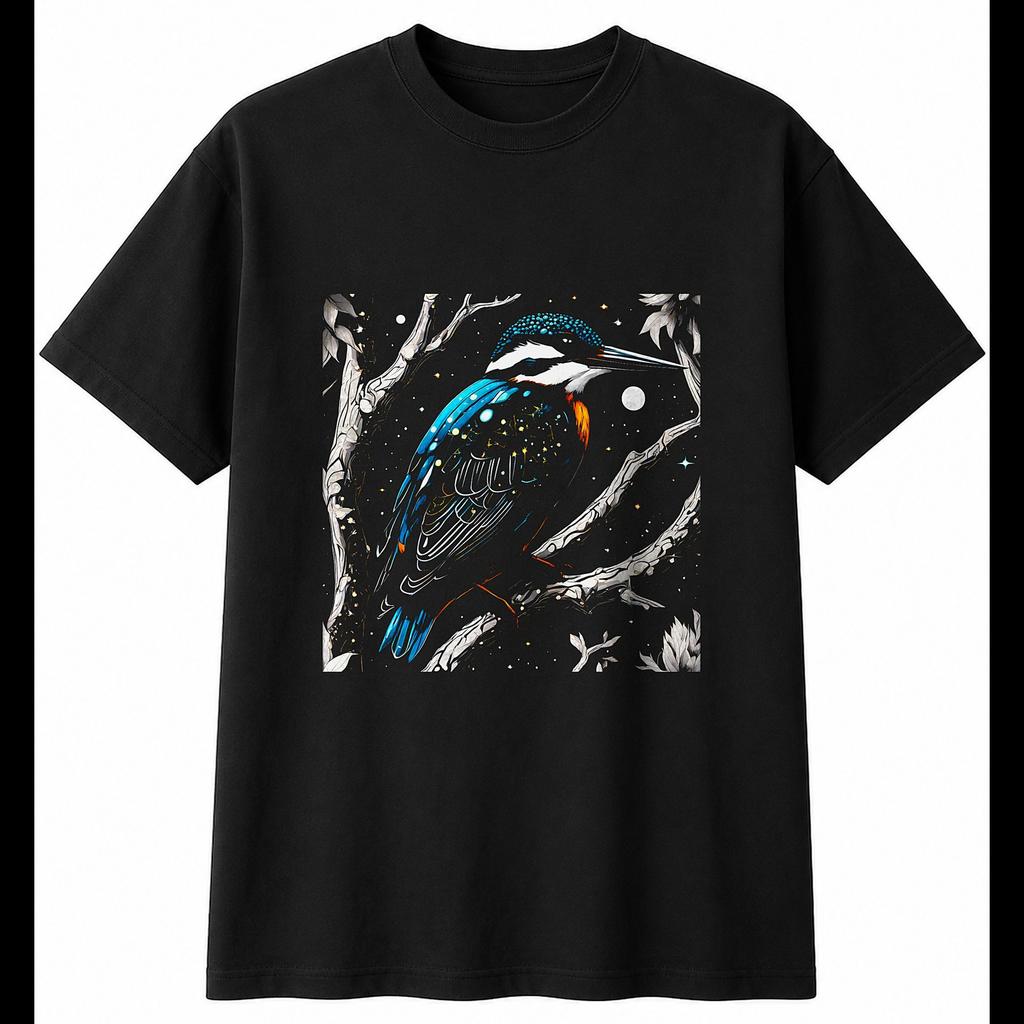 Detailed Kingfisher Under the Stars Bird Mens T-Shirt Black 100% Cotton Tee