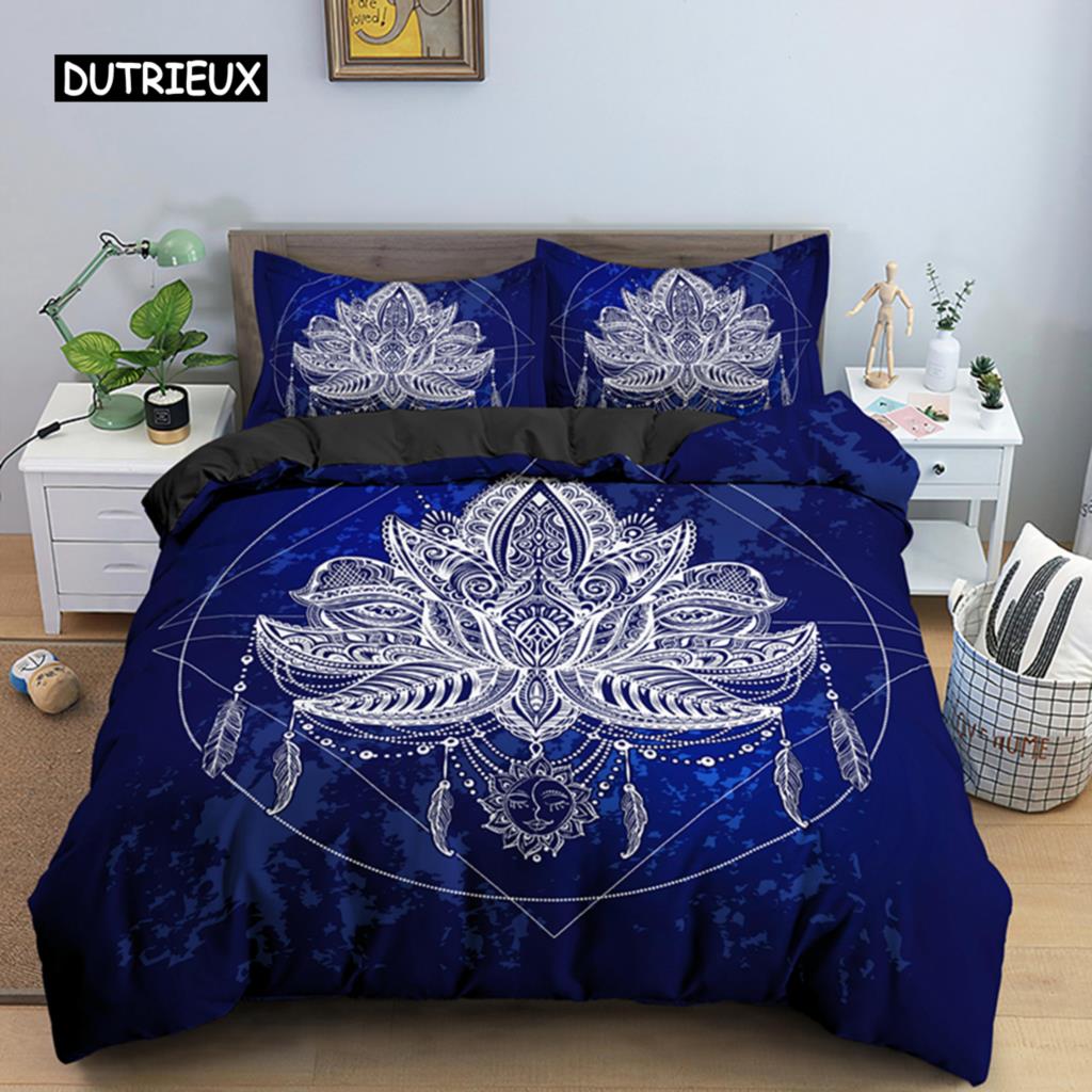 2/3dílná Sada na postel Bohemian Lotus Sada povlaku na přikrývku Mandala Květinový povlak na přikrývku Pro dospělé Černá Polyesterová sada ložního prádla Queen King Twin Pro teenagery