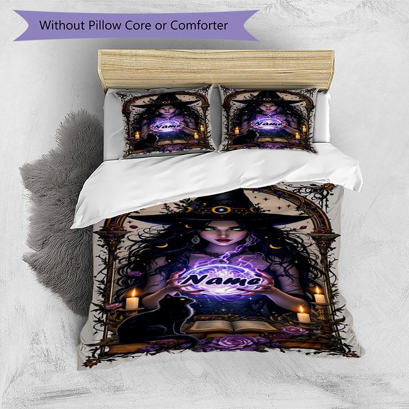 3pcs Custom Name Witchcraft Magic Bedding Set Printed Bedding Set Duvet Cover Closure Includes 1 Duvet Cover & 2 Pillowcases Bedroom Decor