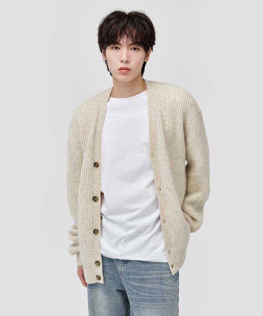 AGOD Hairy Ribbed Knit Cardigan [Oatmeal]