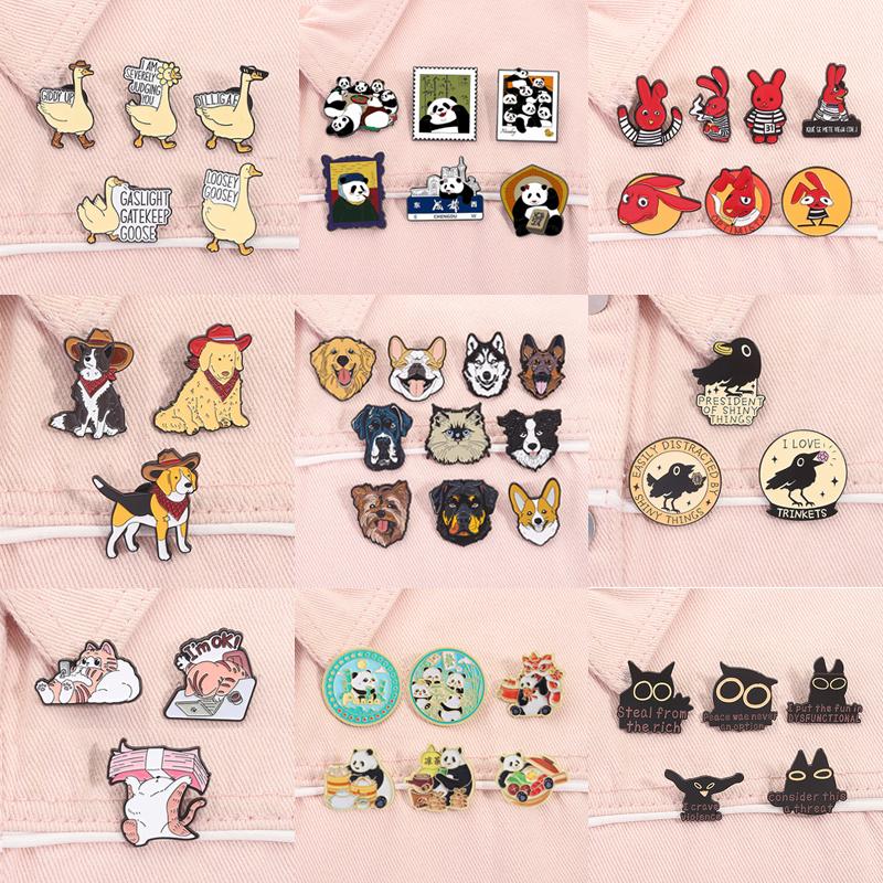 3-10pcs/set Cute Animal Enamel Pins Pet Dogs Raccoon Red Eared Rabbit Panda Brooches Lapel Badge Funny Jewelry Gifts for Friends