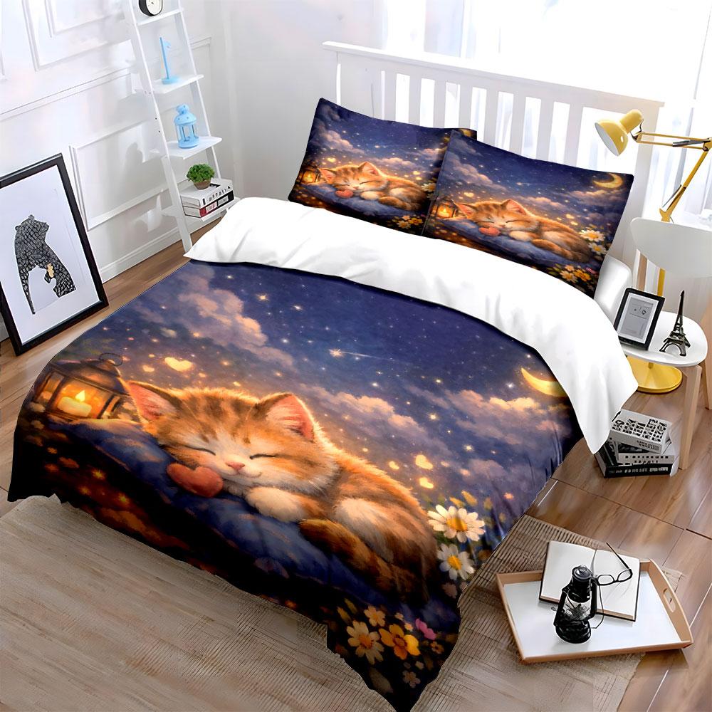 Cozy Kitten Sleeps Under Starry Sky Duvet Cover Set With 3D Printing Design Soft Polyester Bedding Set All-Season Comfort