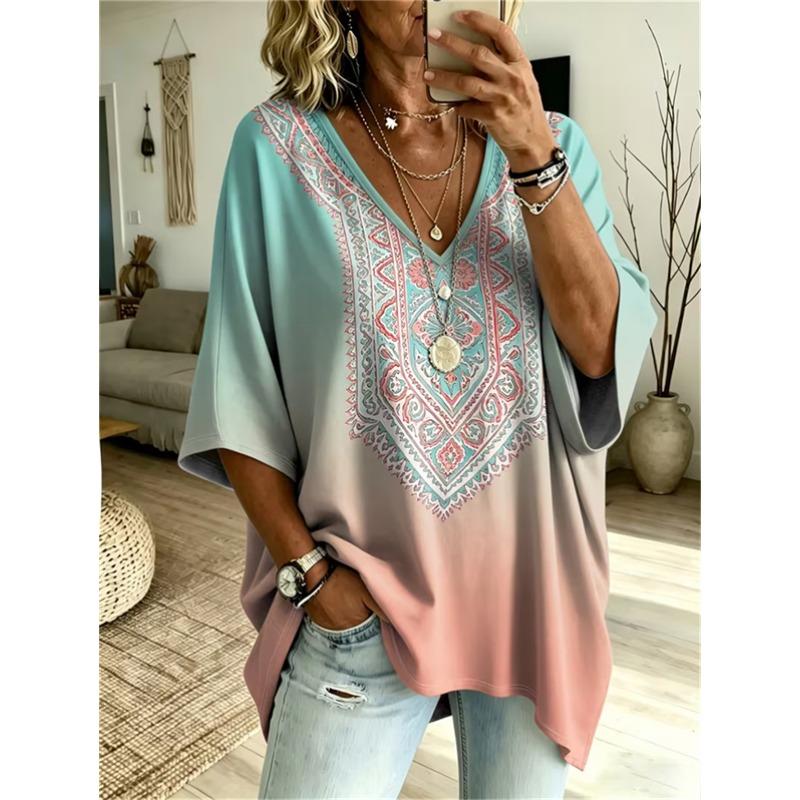Printed Plus-Size Women's V-Neck Batwing Sleeve T-Shirt Bohemian Ethnic Print Loose Top Summer Comfortable Breathable Daily Commute Casual
