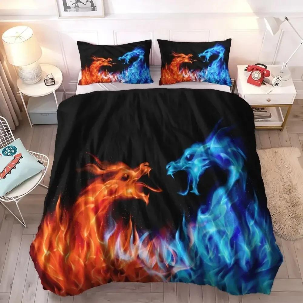 Dragon and Phoenix Duvet Cover Set Full Queen Size, Fantasy World Monster Gothic Bedding Sets Bohemian Mandala Comforter Cover