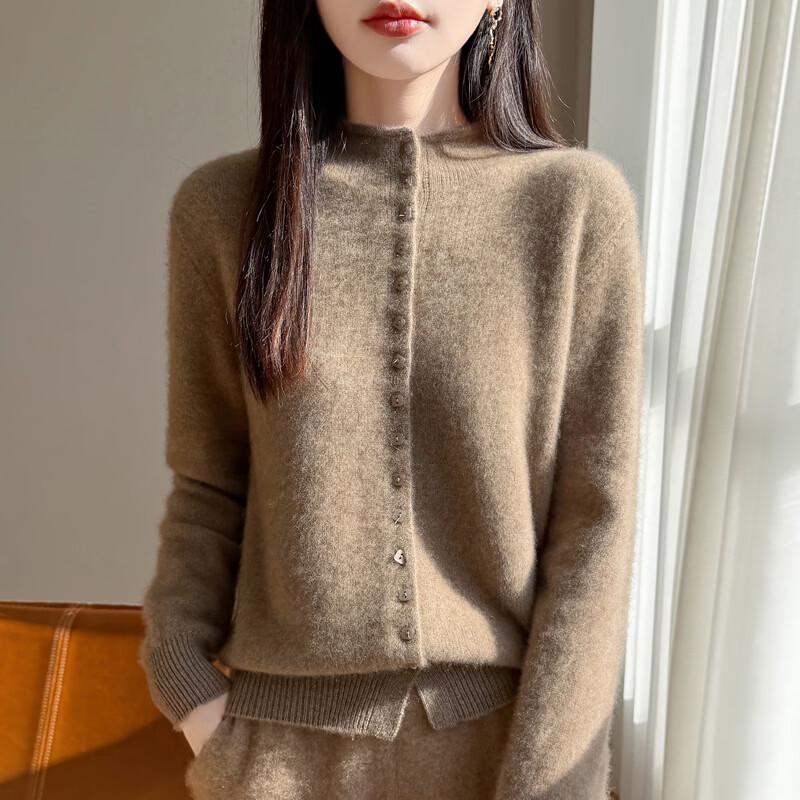 Zhenxu Women's 100% Pure Wool Half-High Collar Cardigan