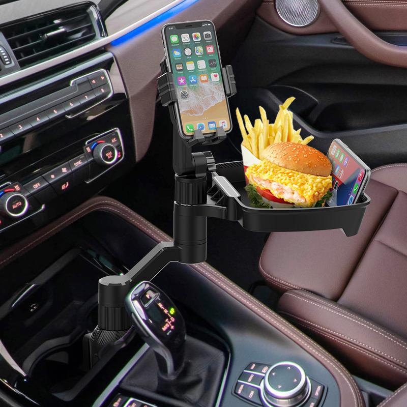 Universal Car Food Tray with Phone Holder & Cup Base, 360° Rotating Adjustable Car Organizer for Snacks Drinks 6.5-10.5cm Phones