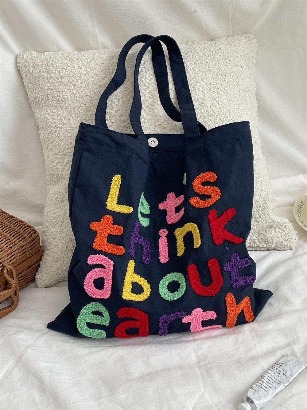 

Department of Color Letter Embroidery Lazy Art Canvas Bag Commuter Versatile Large Capacity Student Shoulder Bag