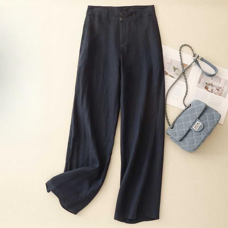 

Льняные свободные брюки с широкими штанинами для женских повседневных брюк с прямыми штанинами L темно-синий